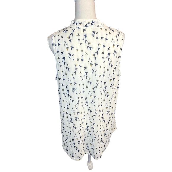Ember white navy bird print bow tie sleeveless blouse indie professional casual - Picture 6 of 7